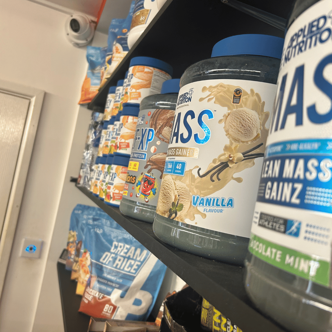 angle of protein powder on shelf